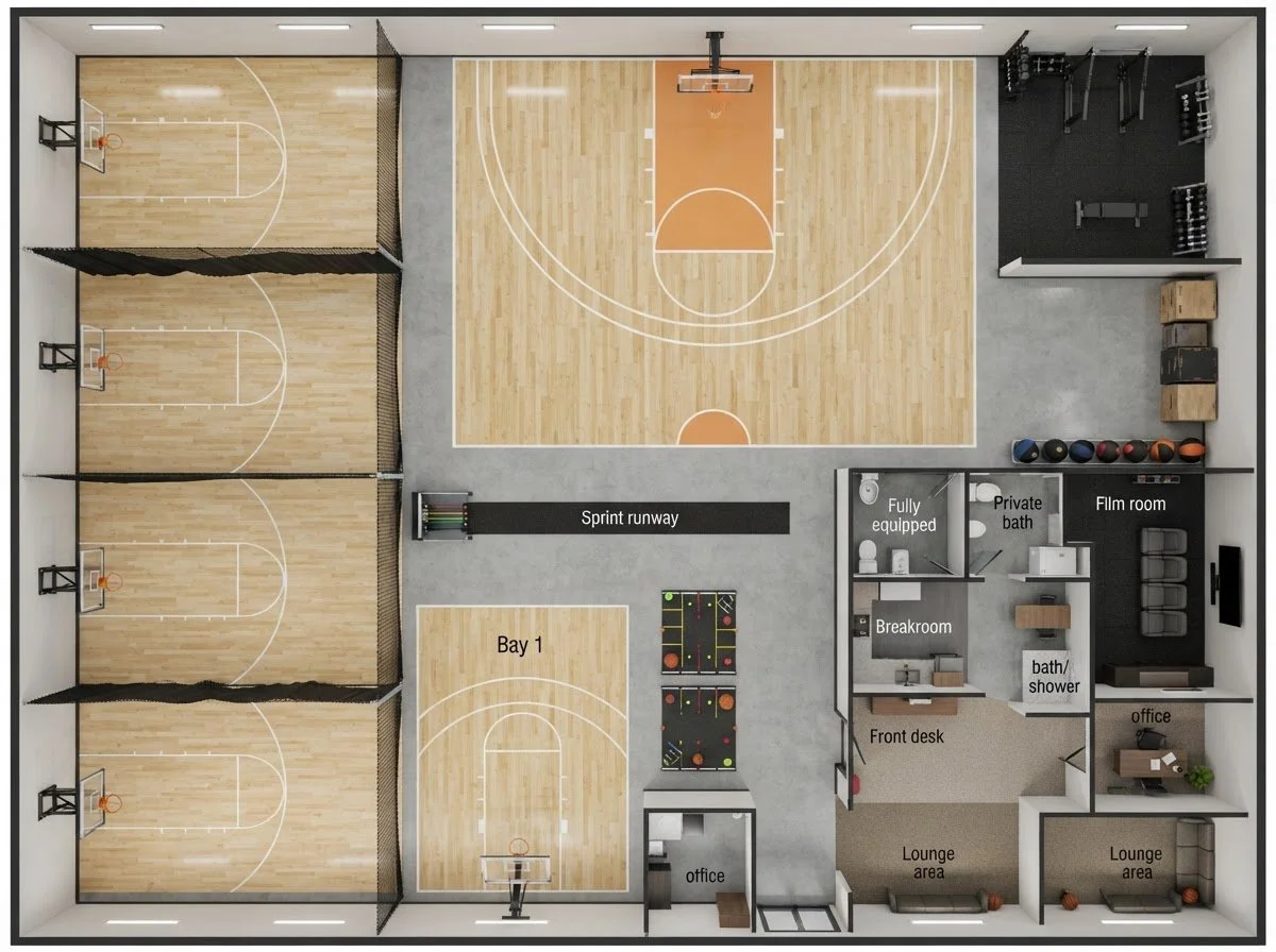 Preliminary top-down floor plan of Next Rep Basketball showing shooting bays, half court, strength area, film room, and front desk