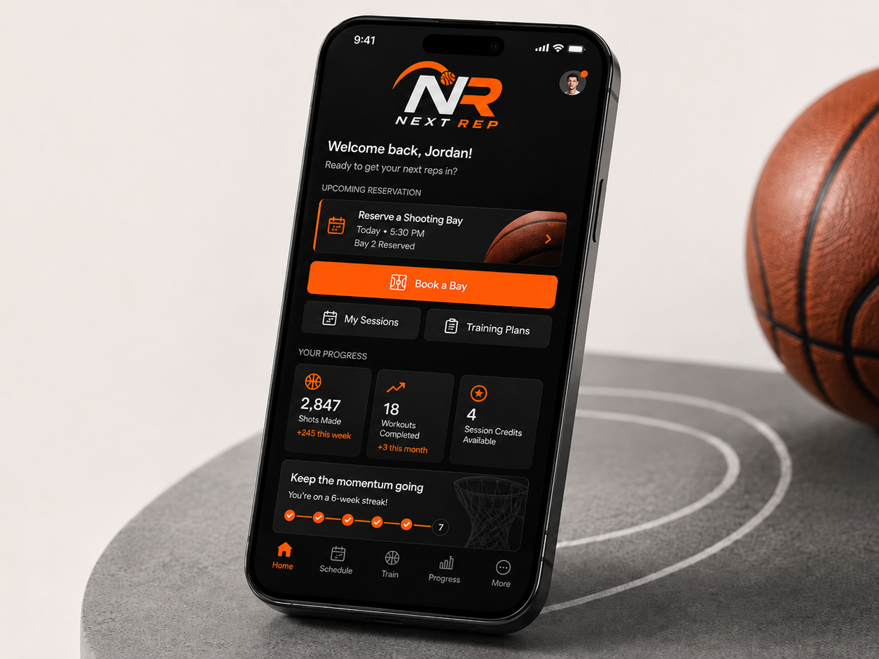 Next Rep Basketball member app showing shooting bay booking and session history
