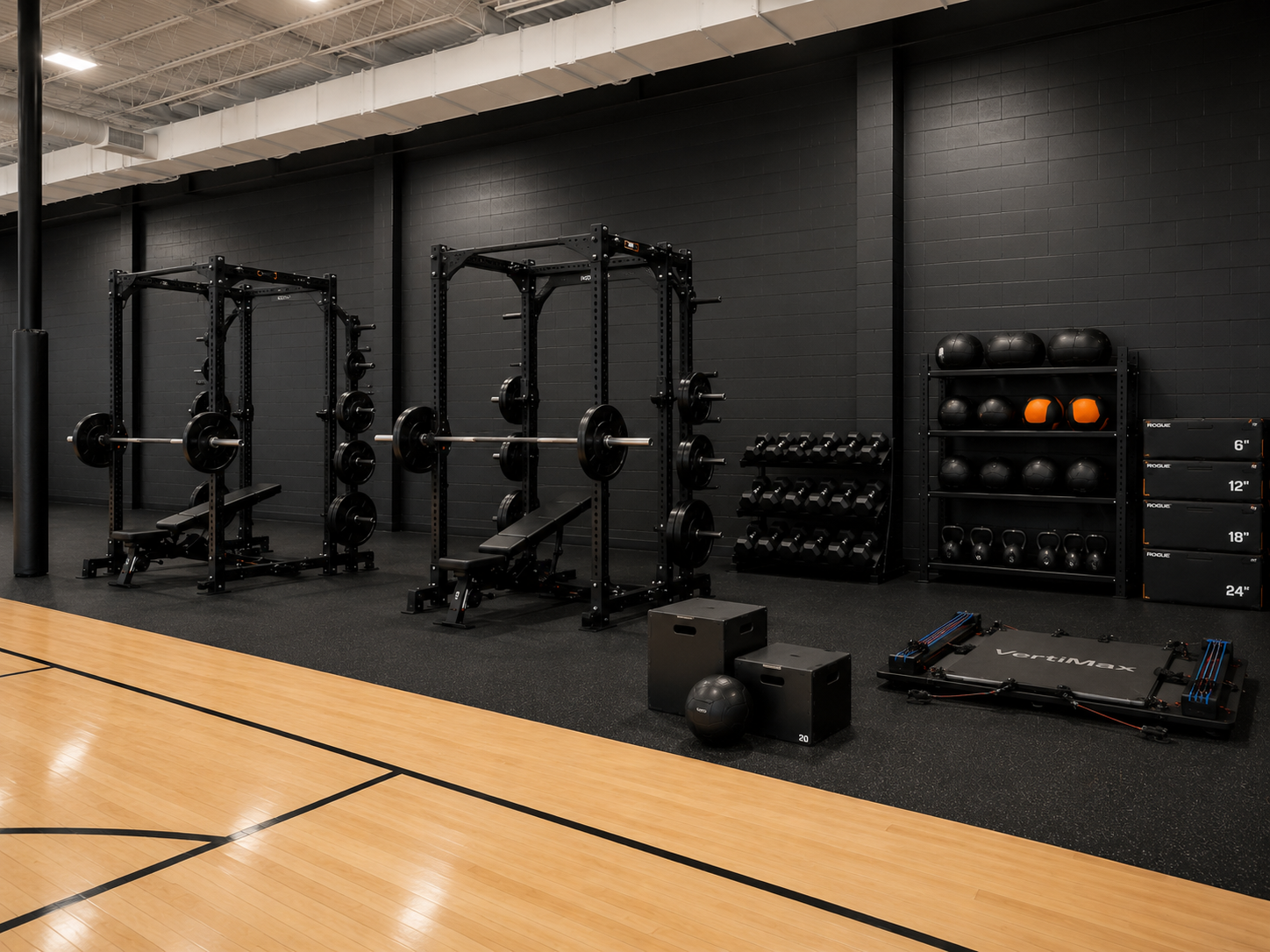 Strength and agility area with squat racks, dumbbells, Vertimax machine and plyometric boxes at Next Rep Basketball