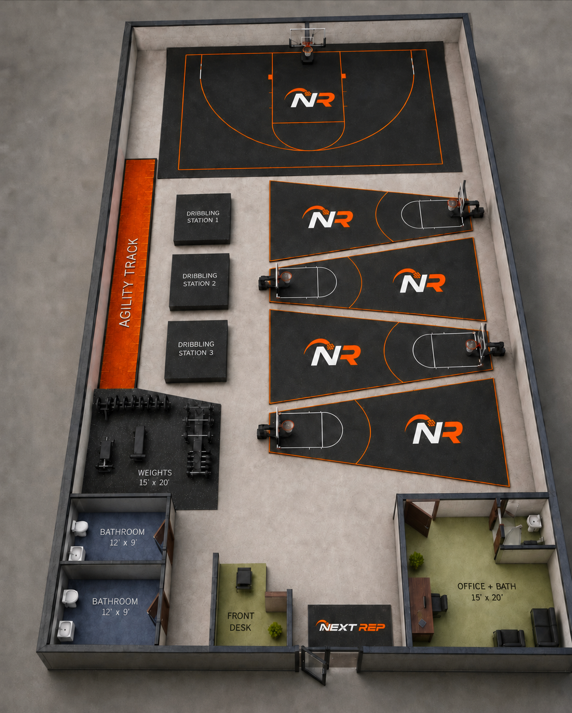 Layout of a basketball training facility featuring a full-size basketball court, three dribbling stations with padded black mats, an agility track with weights and workout equipment, two bathrooms, an office, and a reception desk.