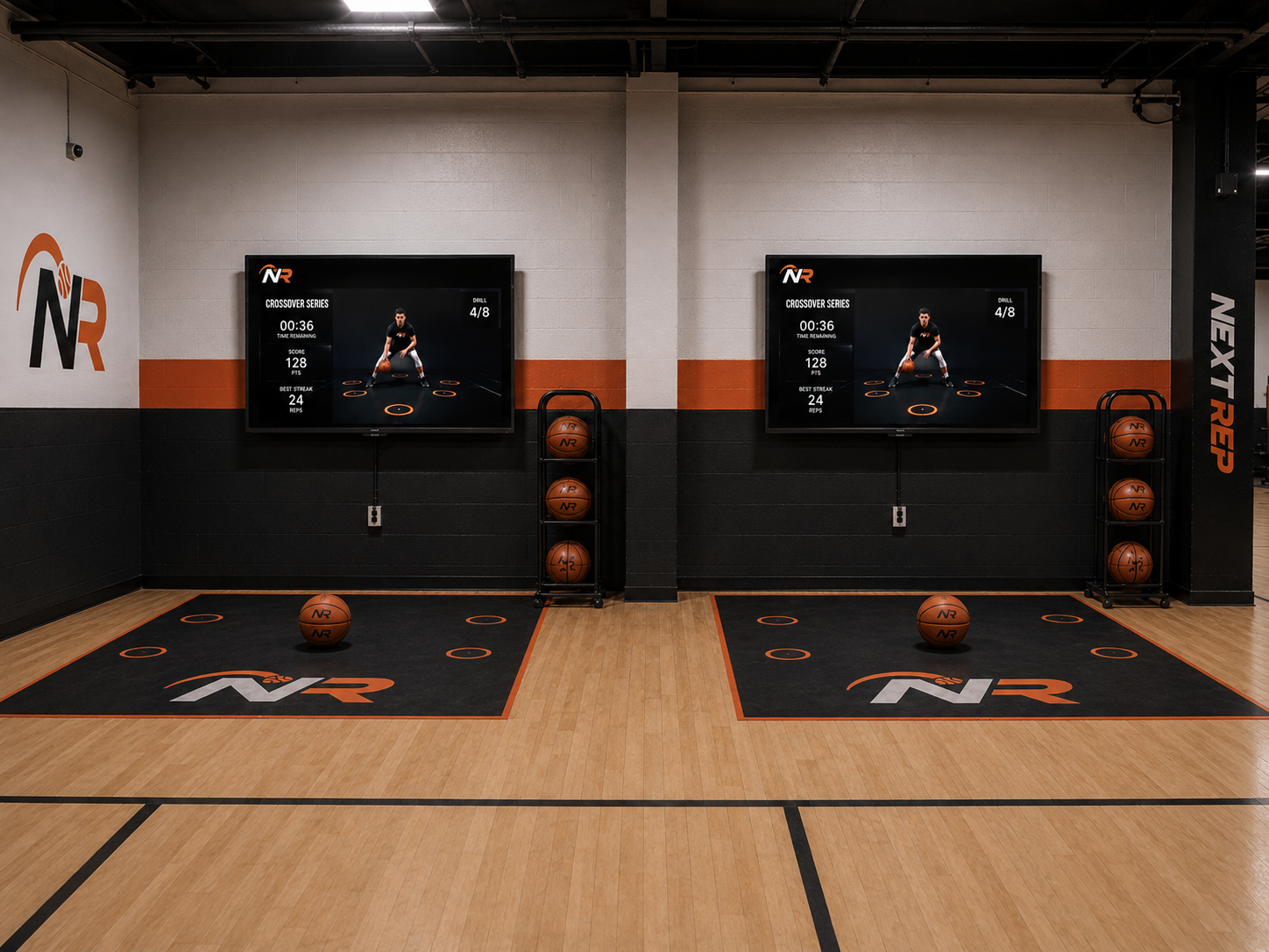 Dribbling stations with interactive screens and ball racks at Next Rep Basketball