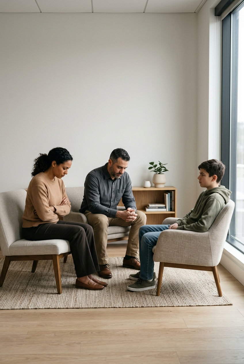 A family of three sitting in a therapy session in a bright room with large windows. The mother and father appear engaged, while the son looks contemplative.