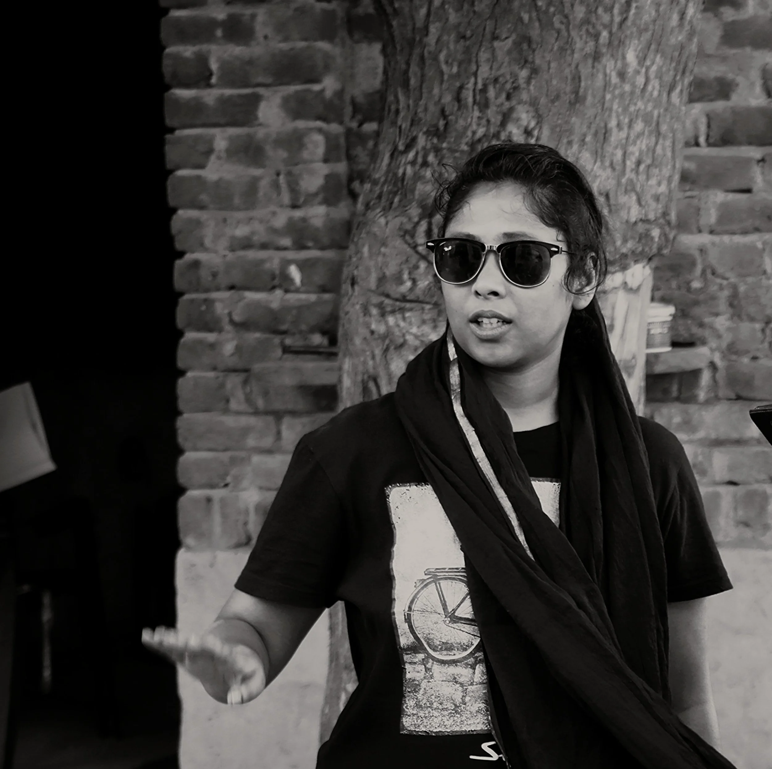 Founder Chinmayee Mohanty during a production design recce, illustrating the observational process that shapes Auraa Spatial Arts' philosophy of spatial storytelling.