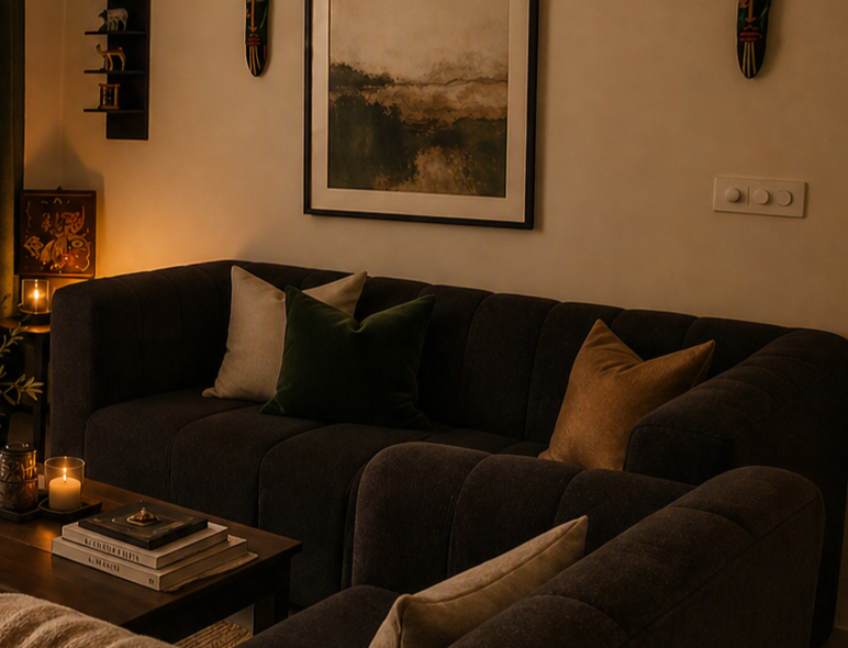 Warm residential interior exploring layered lighting, tactile materials, and intimate spatial styling designed to evoke comfort and connection.