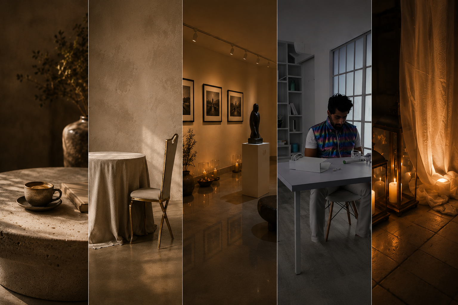 Collage of interior studies exploring light, texture, materiality, and spatial composition across residential, hospitality, and exhibition-inspired settings..