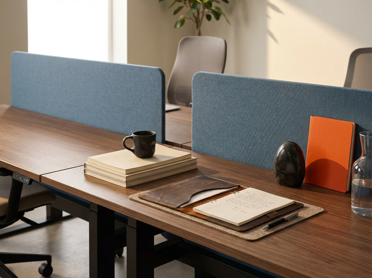 Empty office conference table with documents, a black mug, a glass water pitcher, a notebook, and decorative stones, separated by blue fabric partitions.