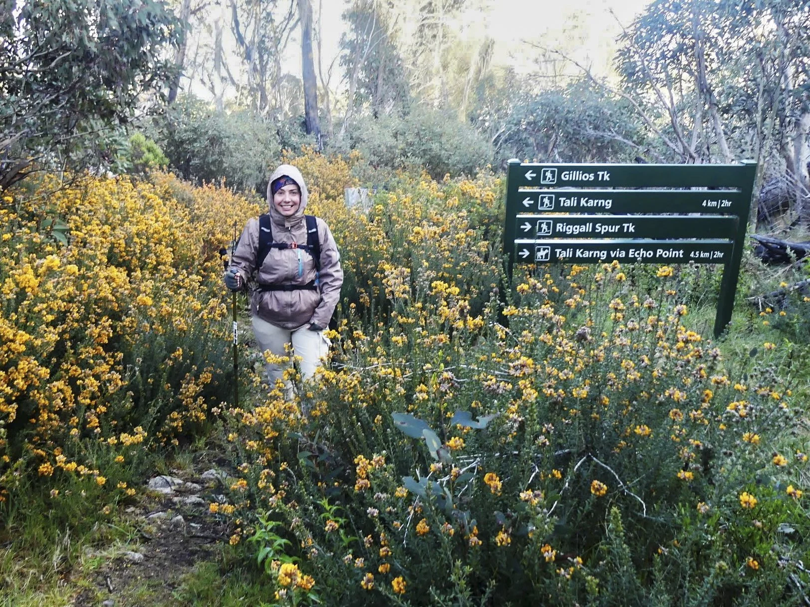 A woman wearing outdoor hiking gear and a backpack, holding trekking poles, standing among yellow flowers on a trail in a forested area. There is a signpost with directions to Gillios Tk, Tali Karng, Riggall Spur Tk, and Tali Karng via Echo Point.