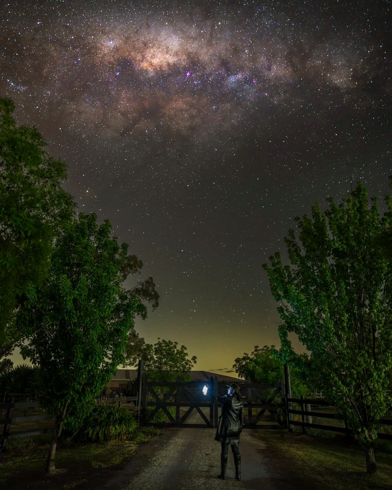 A person standing outside a gate at night, looking at a starry sky with the Milky Way visible above trees and a rural neighborhood.