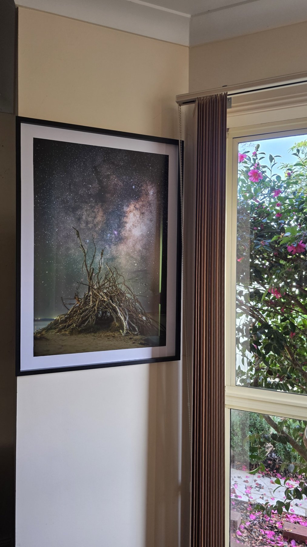 Photograph of a framed image of stars and the Milky Way galaxy hanging on a beige wall, next to a window with pink flowering bush outside.