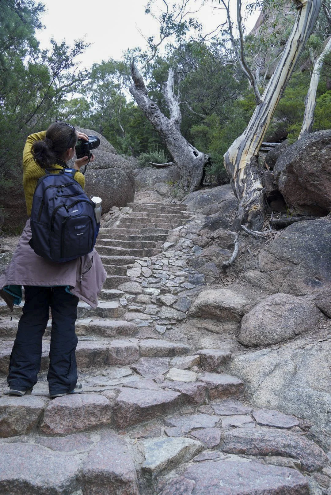 A woman with a backpack taking a photograph of a stone stairway on a hiking trail in a wooded area.