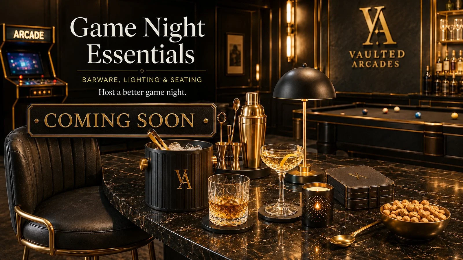 Game night barware, lighting and seating — coming soon