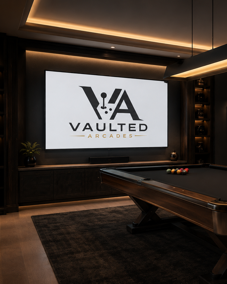 Indoor game room with a large screen displaying the Vaulted Arcades logo, a pool table with pool balls, dark wood furnishings, and ambient ceiling lighting.