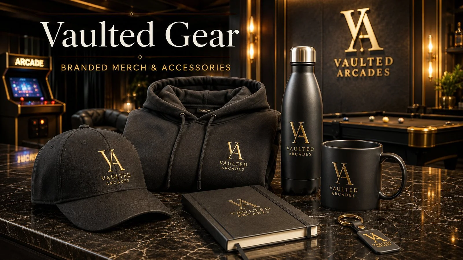 Vaulted Arcades branded apparel, drinkware and accessories collection