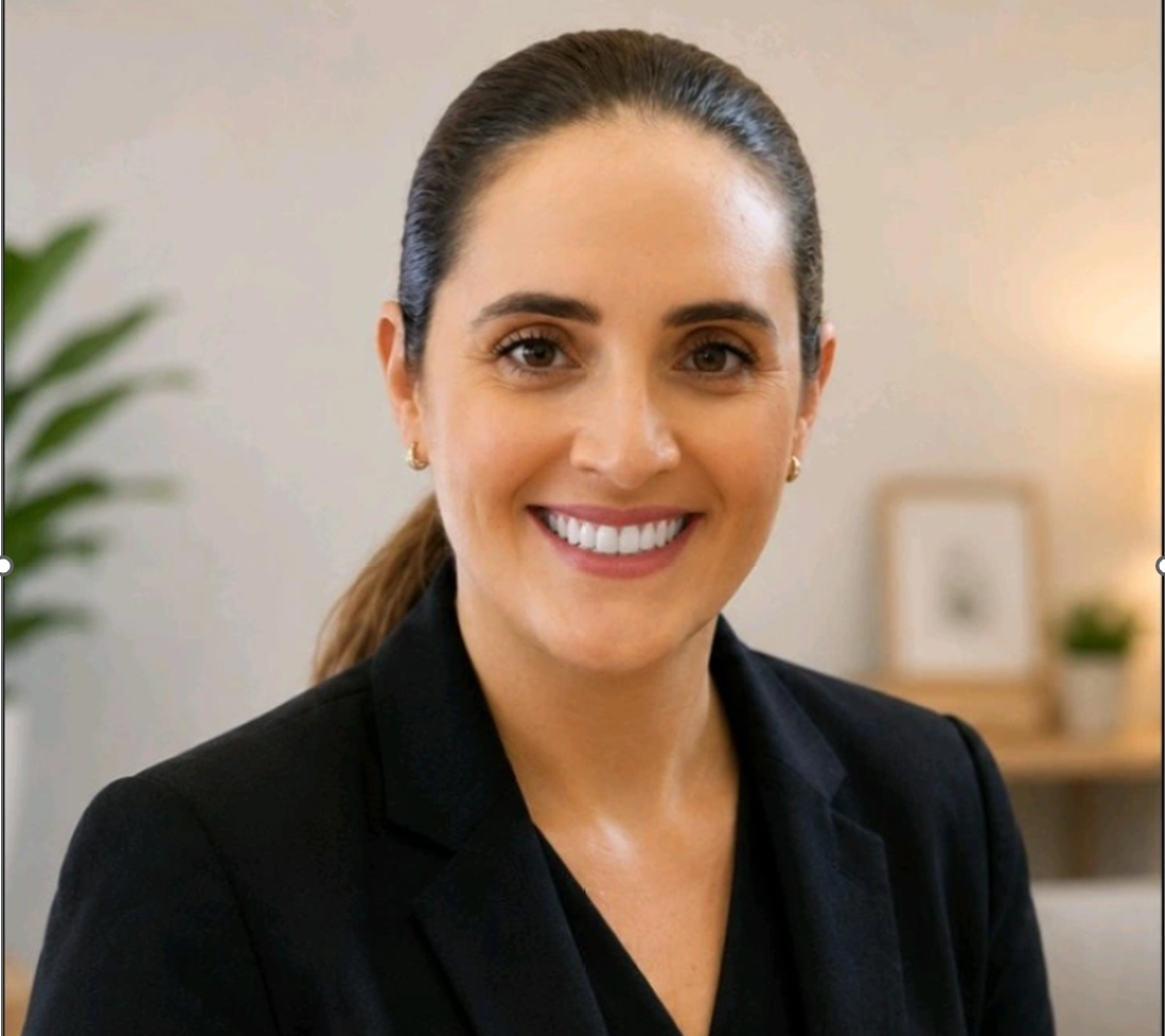 A woman with dark hair pulled back, wearing a black blazer, smiling at the camera in a cozy office setting with plants and framed pictures in the background.
