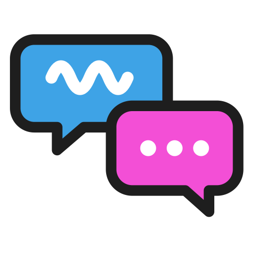 Two speech bubbles, one blue with a squiggly line, and one pink with three dots, representing messaging or conversation.
