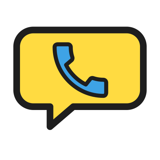 Icon of a telephone receiver inside a yellow speech bubble.