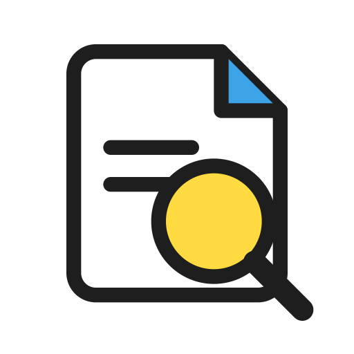 An icon of a document with a magnifying glass over a yellow circle, indicating search or inspection of the document.