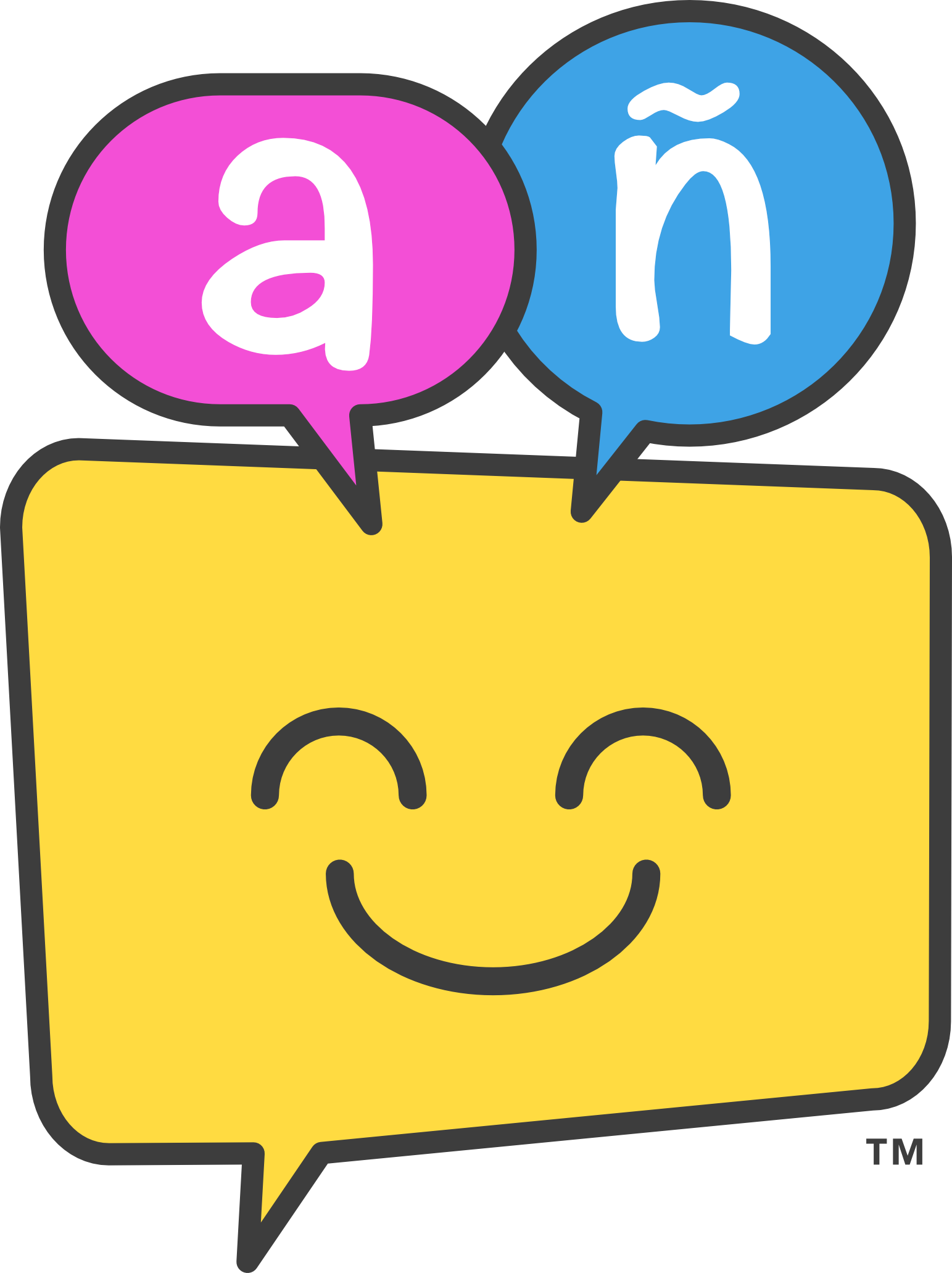A graphic of a yellow speech bubble with a smiling face and closed eyes, with two smaller speech bubbles above it. One pink speech bubble contains a white lowercase 'a' with a tilde over it, and a blue speech bubble contains a lowercase 'n' with a tilde over it.