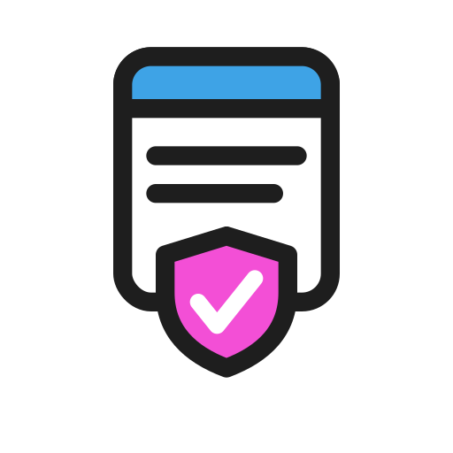 Icon of a document with a shield and checkmark, symbolizing security or protection of information.