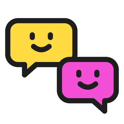 Two smiling chat bubbles, one yellow and one purple, with black outlines and cartoon faces.