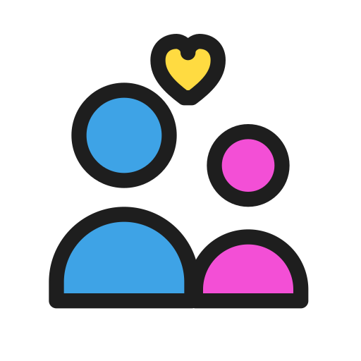 Icon of two people, one with a blue face and the other with a pink face, with a yellow heart above them.