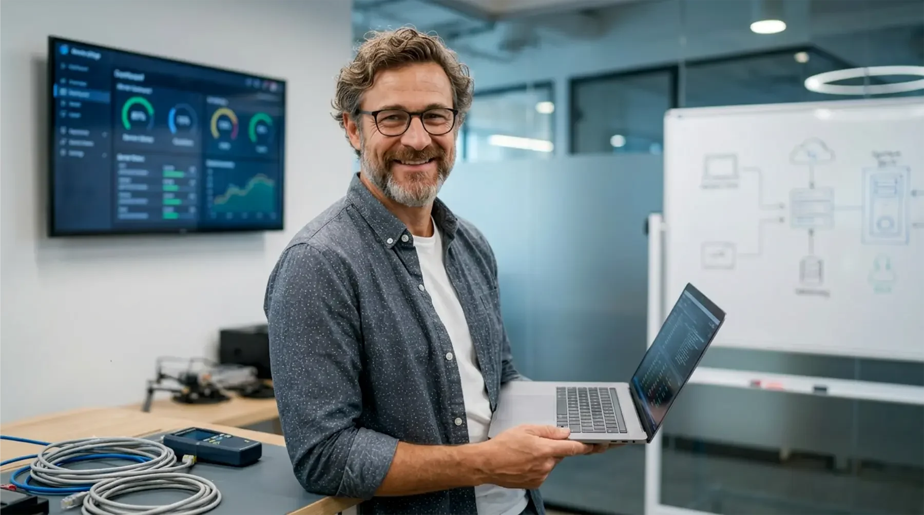 Ein lächelnder Mann mit Brille hält einen Laptop in einem modernen Büro, im Hintergrund ein Whiteboard mit technischen Skizzen und ein Bildschirm mit Diagrammen.