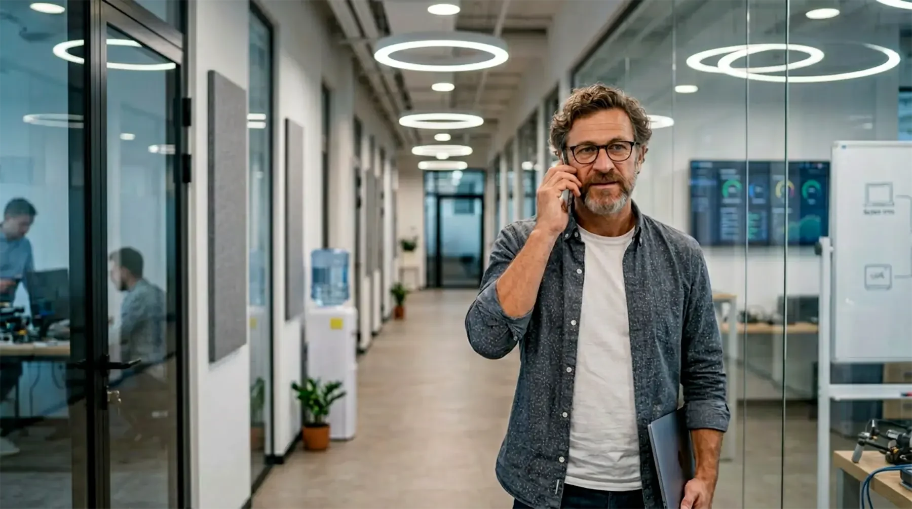 Mann mit Brille im modernen Bürogebäude, spricht am Telefon, hält einen Laptop in der Hand, im Hintergrund.
