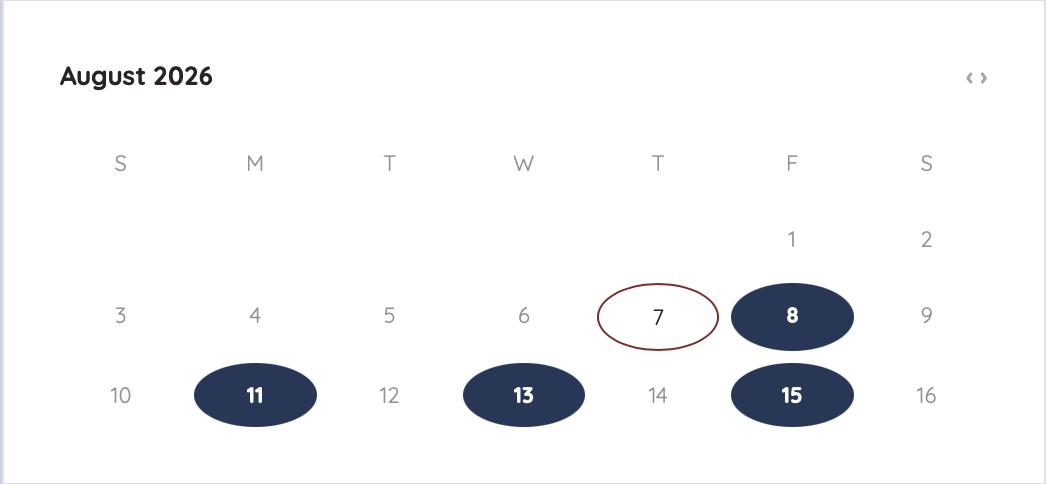 Calendar for August 2026 showing marked dates: 7, 8, 11, 13, 15, and a circled 7.