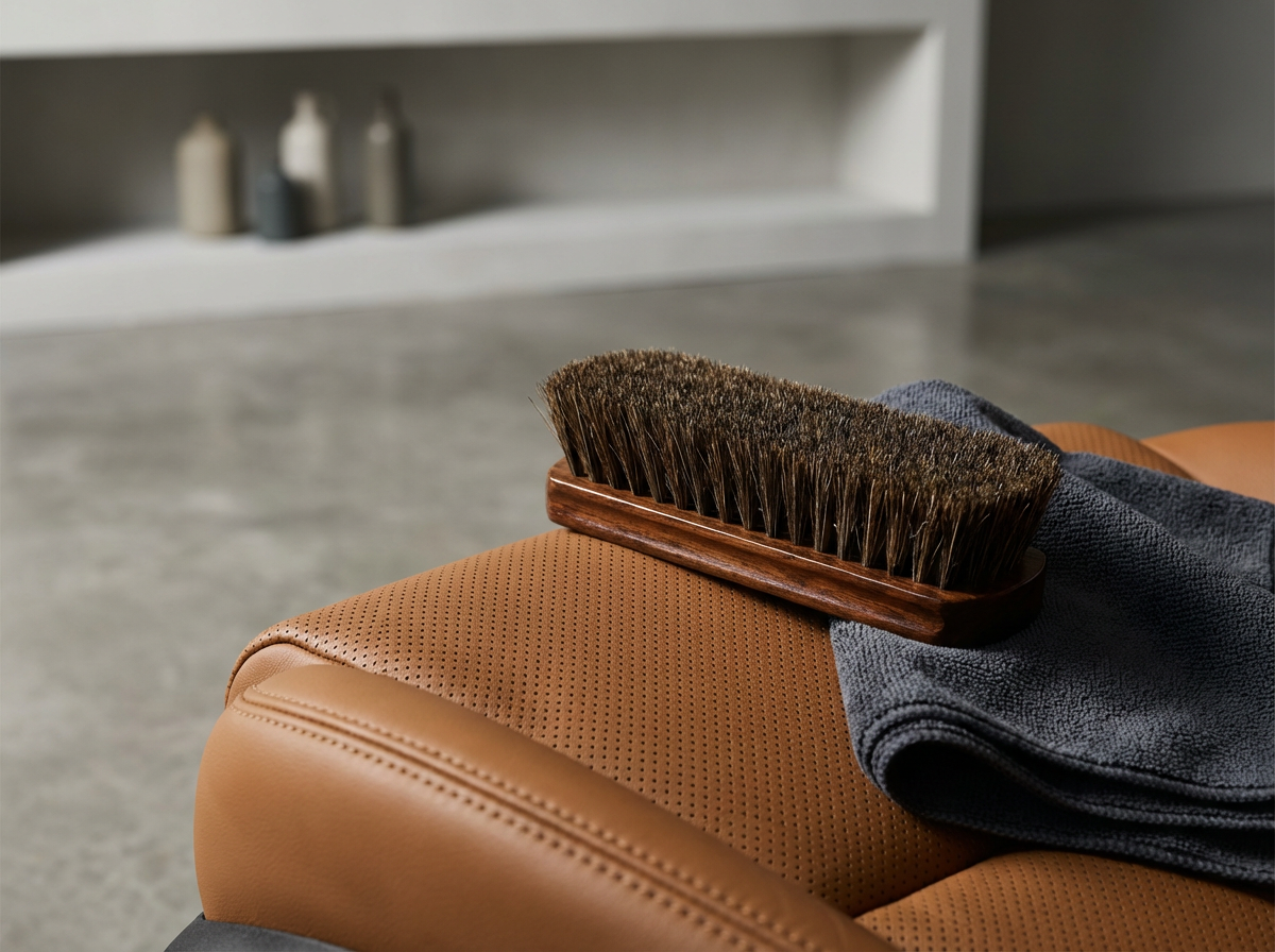 A shoe shining brush resting on a folded dark gray cloth on a brown leather chair.