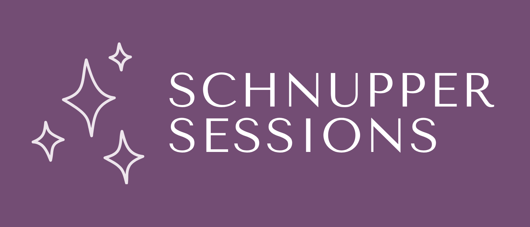 Logo mit lila Hintergrund und weißen Text 'Schnupper Sessions' sowie vier weiße Stern- und Schneeflocken-Symbole auf der linken Seite.
