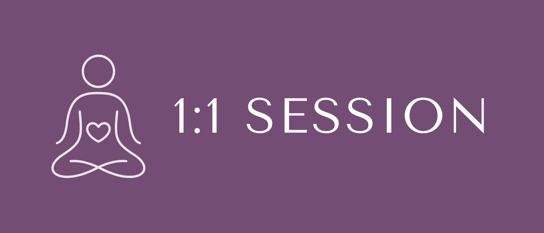 Grafik mit einer Meditationspose und dem Text '1:1 SESSON' auf lila Hintergrund.