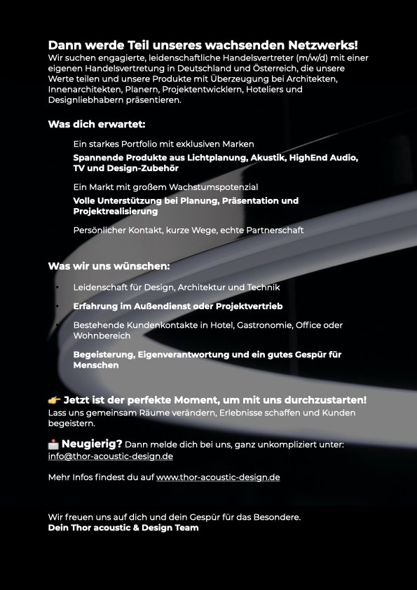 Ein schwarzer Hintergrund mit weißem und grauem Text, der eine Einladung für eine potenzielle Zusammenarbeit im Bereich Design, Architektur und Technologie enthält, inklusive Kontaktinformationen und einer Aufforderung zum Handeln.