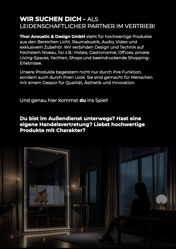Werbetext für Thor Acoustic & Design GmbH mit einem Bild eines dunklen Hotelzimmers, einer Frau, die auf einem Stuhl sitzt, und einem Fernseher, der ein Tier zeigt, bei Nacht.