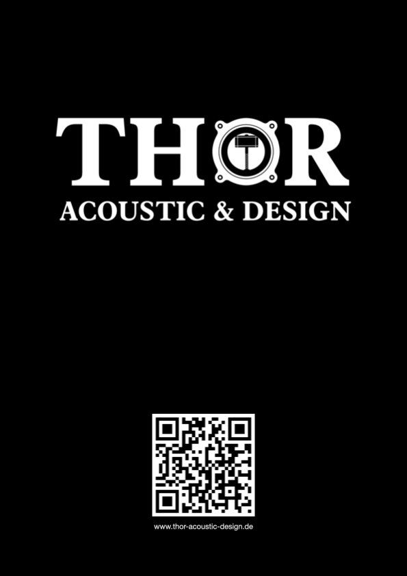 Logo von Thor Acoustic & Design mit einem QR-Code darunter, auf schwarzem Hintergrund.