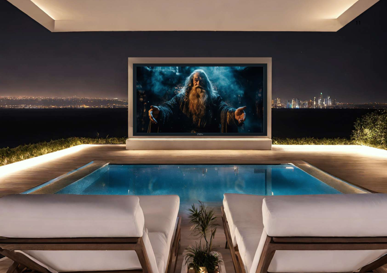 Ein moderner Außenwohnbereich mit Pool, Liegestühlen, einer großem LED Bildschirm von ZION Technologies und Blick auf die Stadtreise bei Nacht.