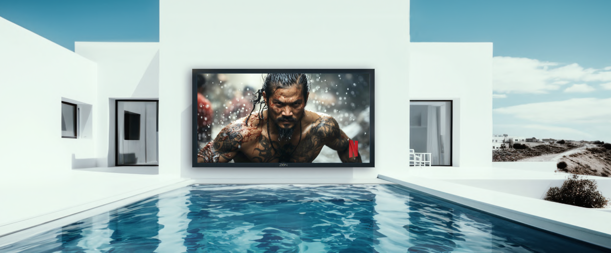 Ein moderner Außenwohnbereich mit Pool, Liegestühlen, einer großem LED Bildschirm von ZION Technologies und Blick auf einen Pool vor einer Villa