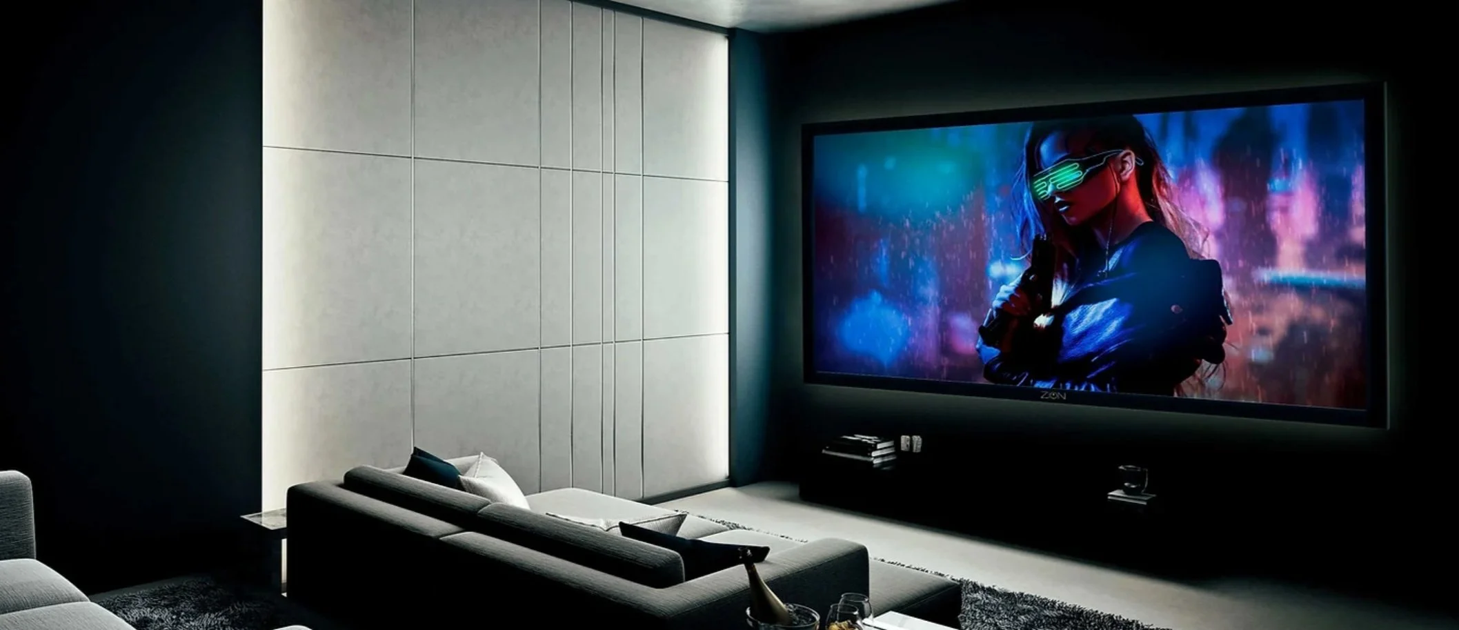 Modernes Heimkino mit ZION Luxury TV, auf dem ein futuristisches Video mit einer Person mit neonfarbenen VR-Brille zu sehen ist.