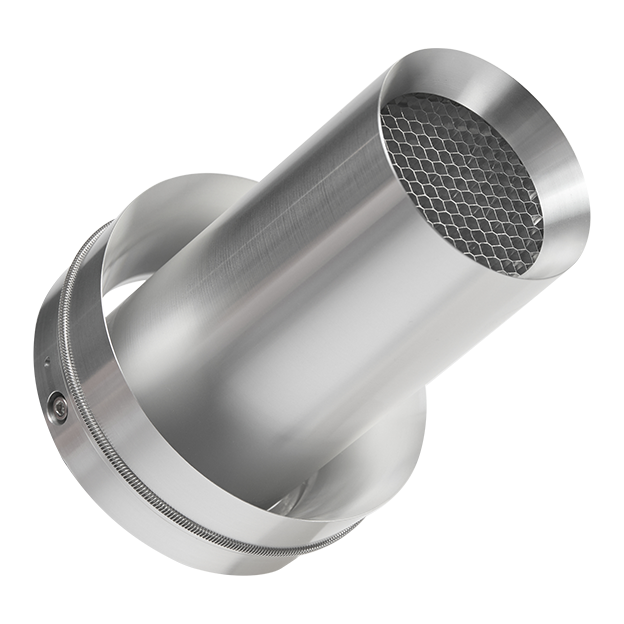 Silberner Kaminofen mit metallischer Oberfläche und Zylinderform, Durchsichtiges Gitter im Inneren.