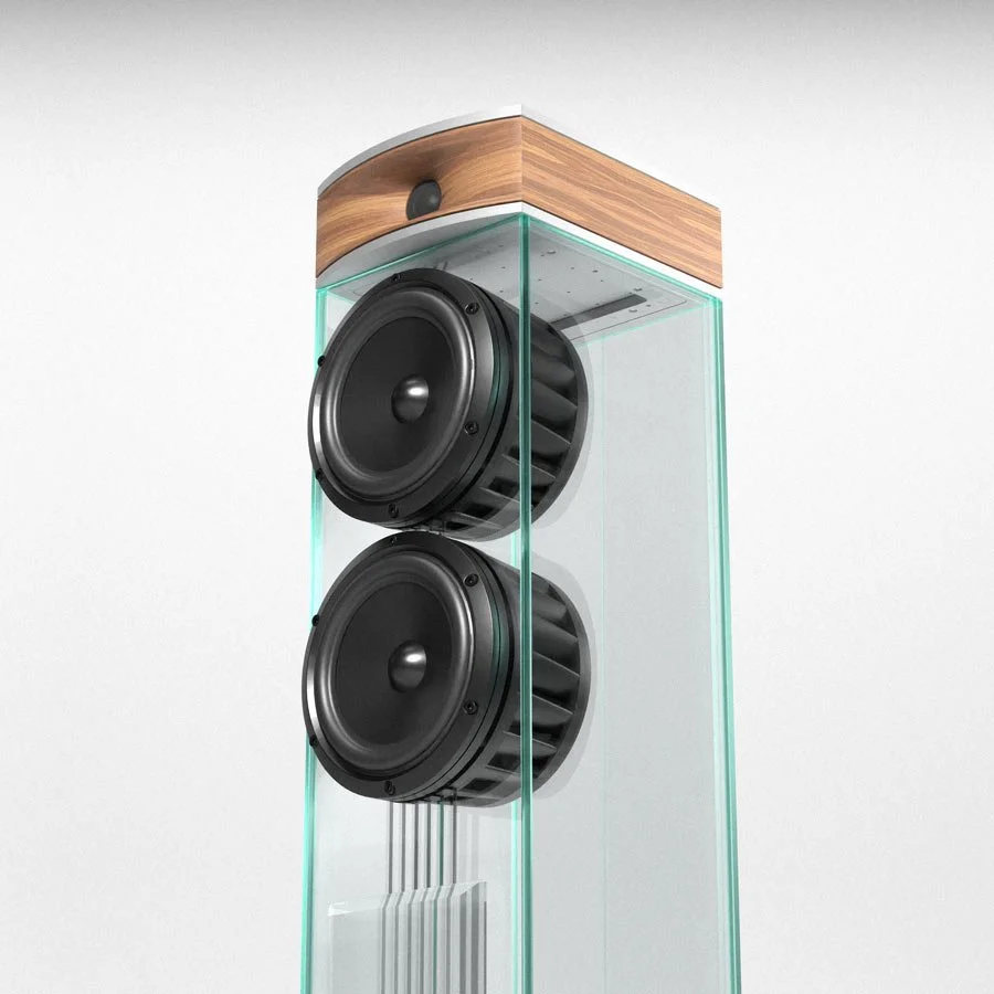 Ein moderner Lautsprecher mit zwei großen Lautsprechern in einem transparenten Gehäuse, Holzelement am oberen Rand.
