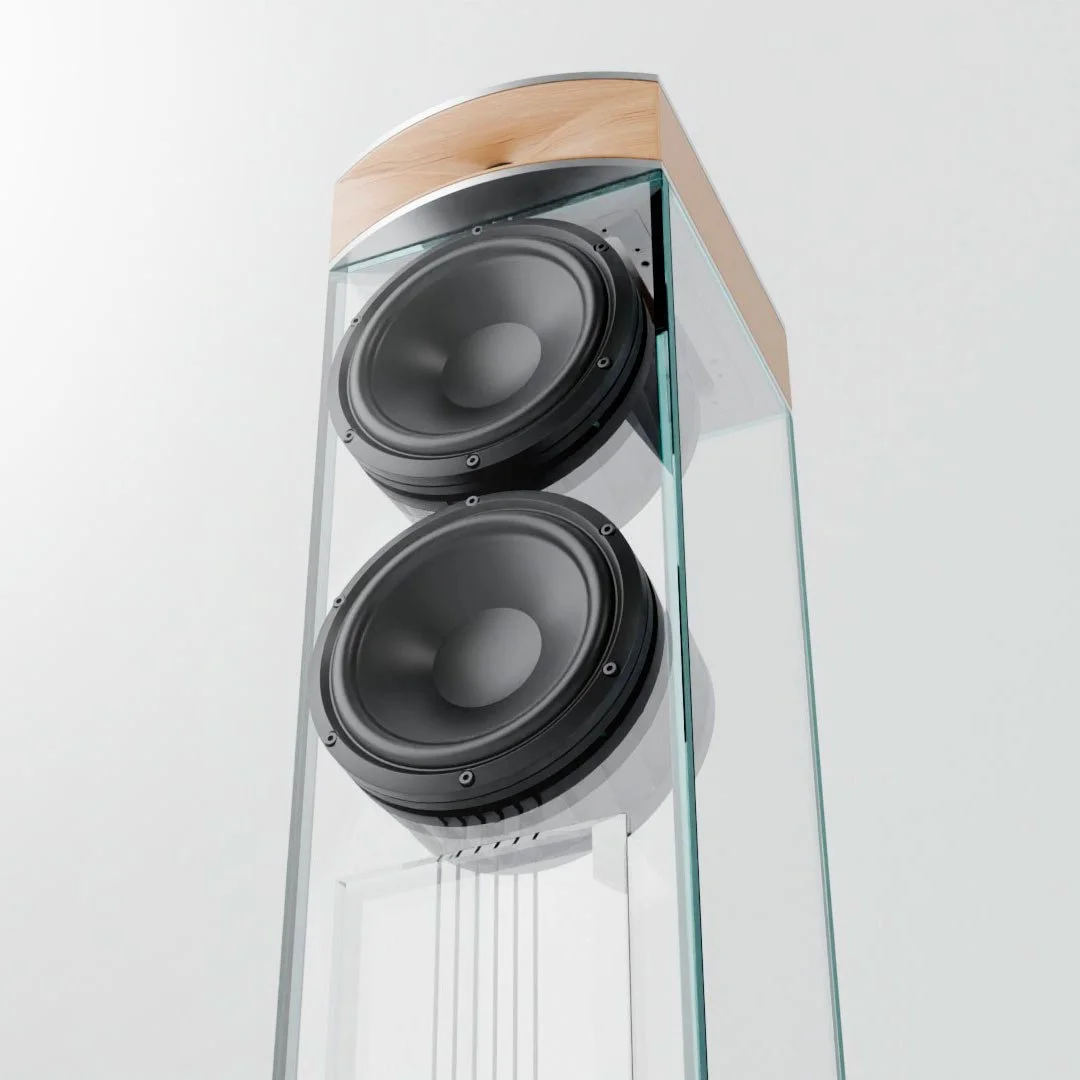 Waterfall Audio,Niagara XT2.  Glas Standlautsprecher. Mit Buche Hochtonhorn. 3 Wege Glaslautsprecher.