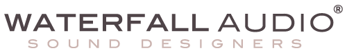 Waterfall Audio Logo mit Schriftzug und Slogan. Sound Designers