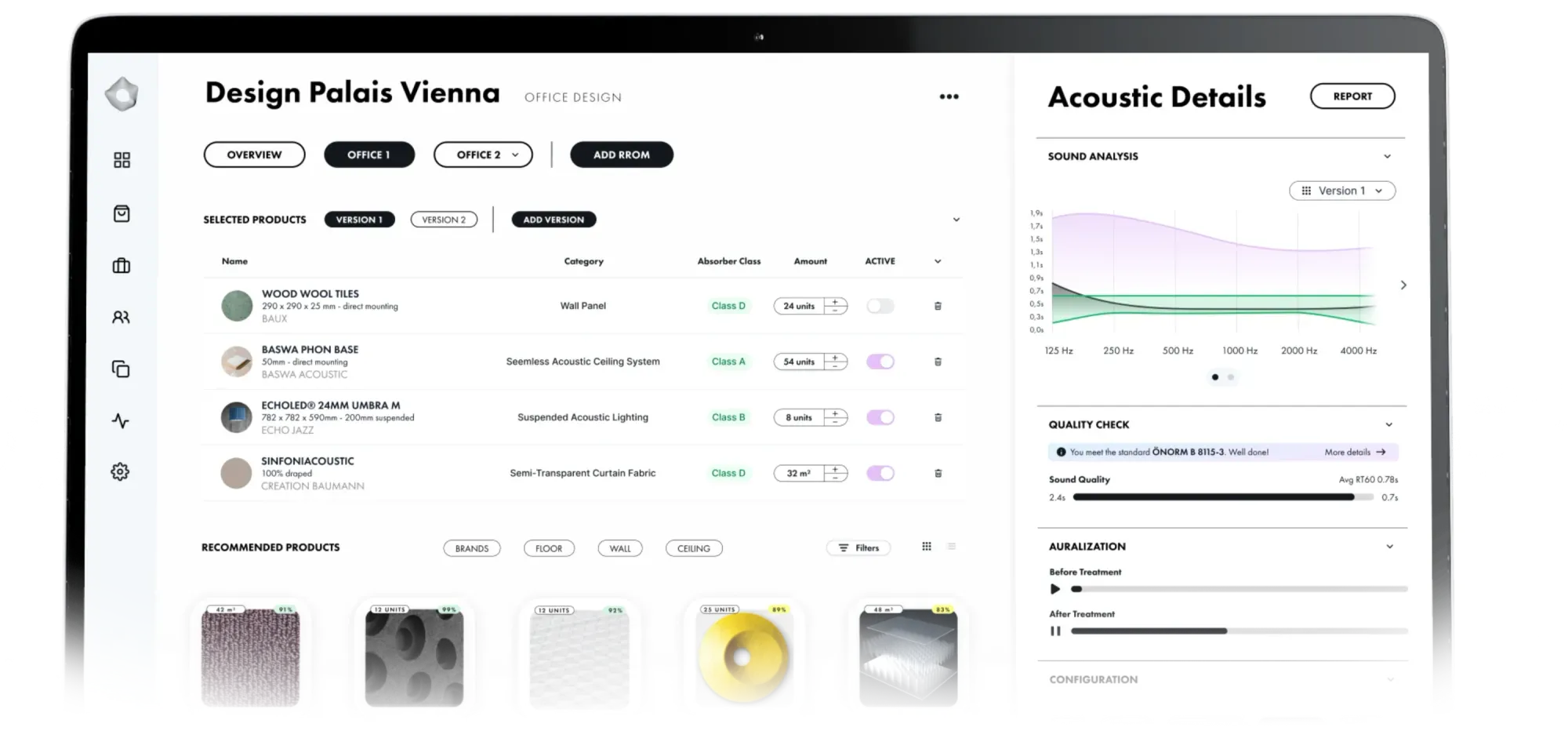 Bildschirm mit Design- und Produktverwaltung für ein Projekt namens Palast Wien, zeigt Produktliste, akustische Analysedaten, Qualitätskontrolle, empfohlene Produkte und Anpassungsoptionen.