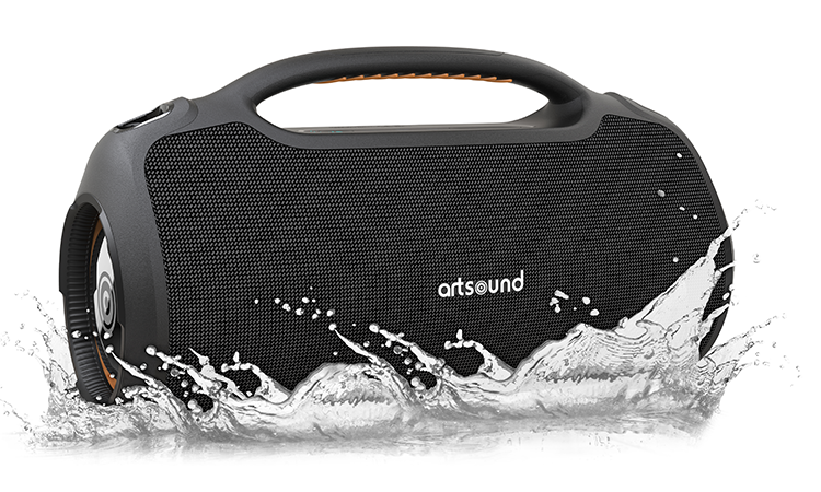 Wasserdichter Tragbarer Lautsprecher mit Wasser spritzenden Wellen im Vordergrund.