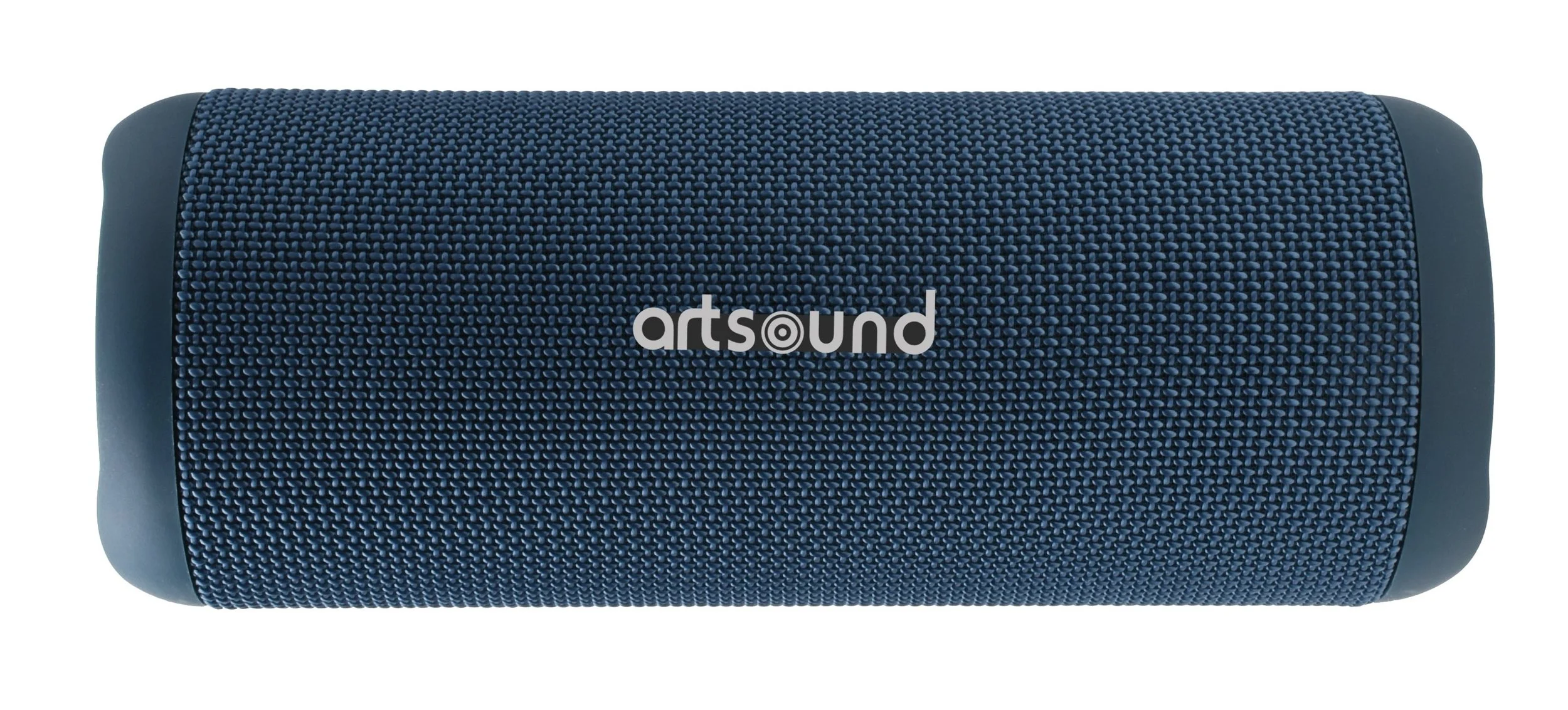 Blaues tragbares Lautsprechersystem der Marke artsound mit Stoffüberzug, seitliche Gummistöße, Frontansicht.