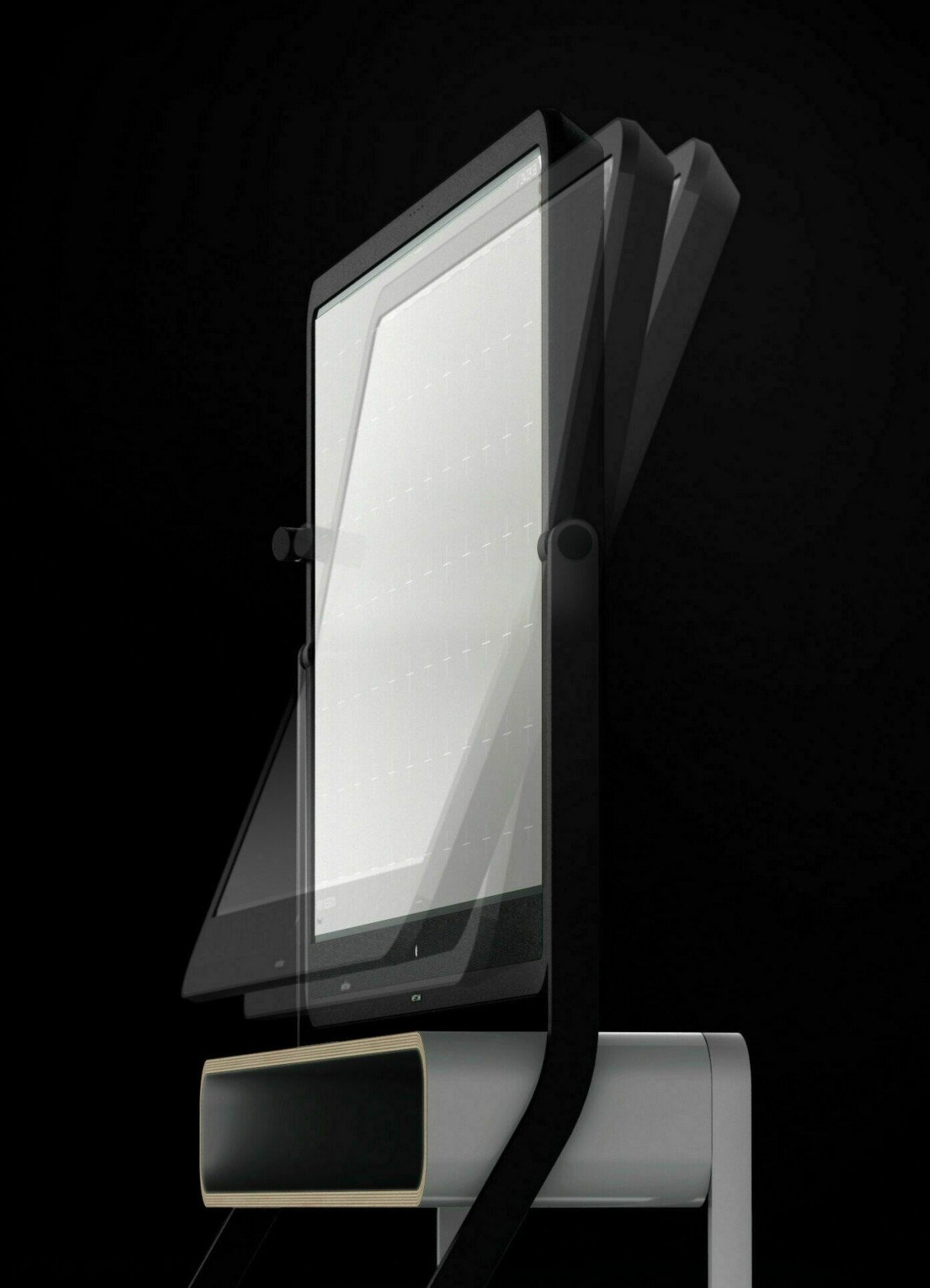 Modell eines mobilen, verstellbaren Bildschirmstands mit integriertem Lautsprecher auf schwarzem Hintergrund.