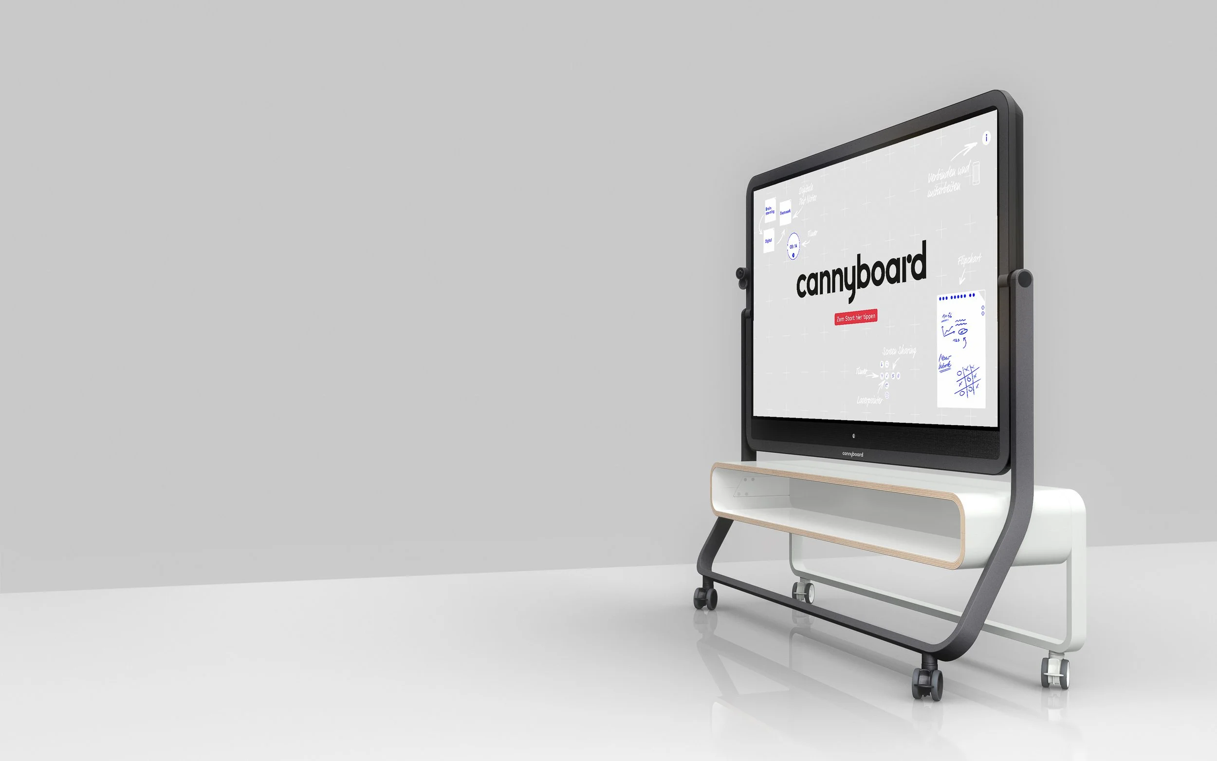 Digitales Whiteboard mit dem Wort 'cannyboard' auf einem modernen Rollwagen vor grauer Wand.