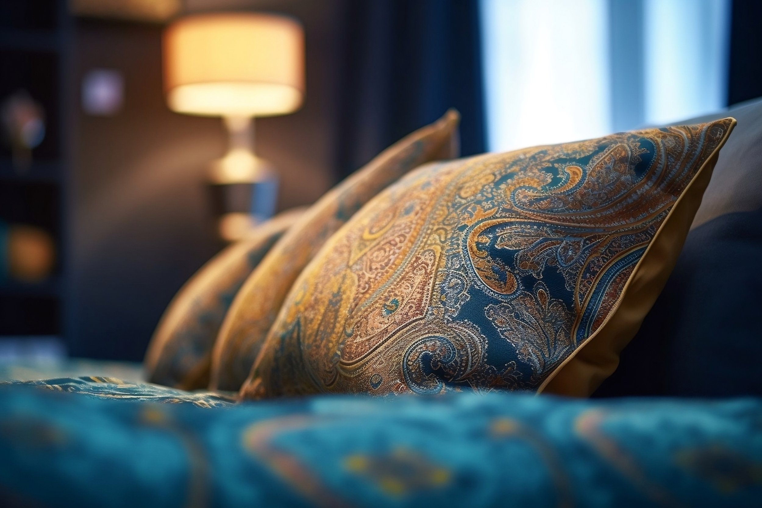 Dekorative Kissen mit Paisleimuster auf Bett mit blauer Bettwäsche, im Hintergrund Nachttischlampe.