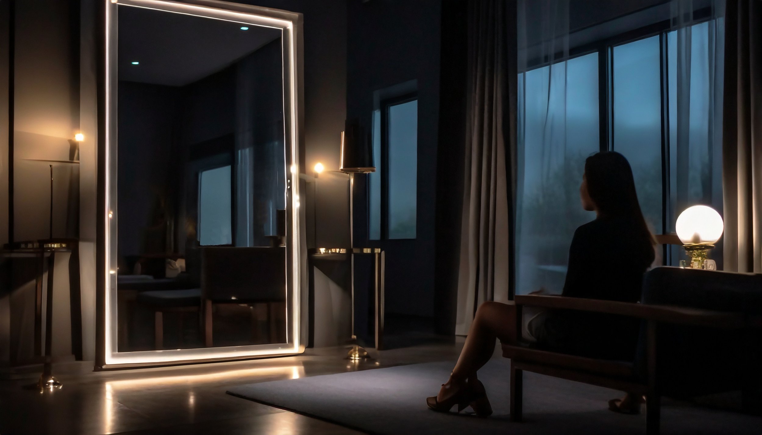 Eine Frau sitzt auf einem Sessel in einem dunklen Raum mit großen Fenstern, bei Nacht. Das Zimmer ist modern eingerichtet mit warmem Licht, das durch die Fenster sichtbar ist.