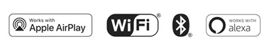 Symbole für Apple AirPlay, Wi-Fi, Bluetooth und Alexa-Kompatibilität