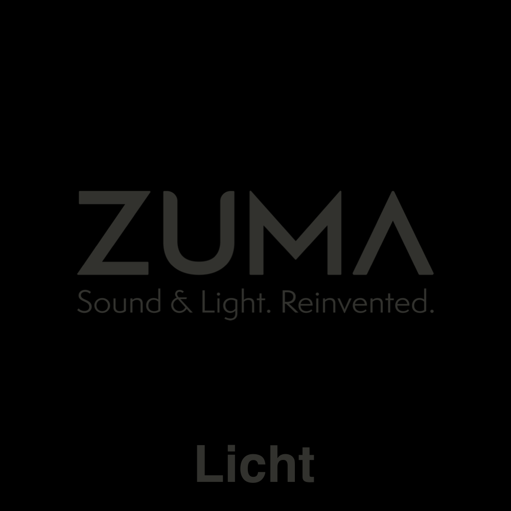 Logo von ZUMA mit dem Motto 'Sound & Light. Reinvented.' und dem Wort 'Licht' darunter.